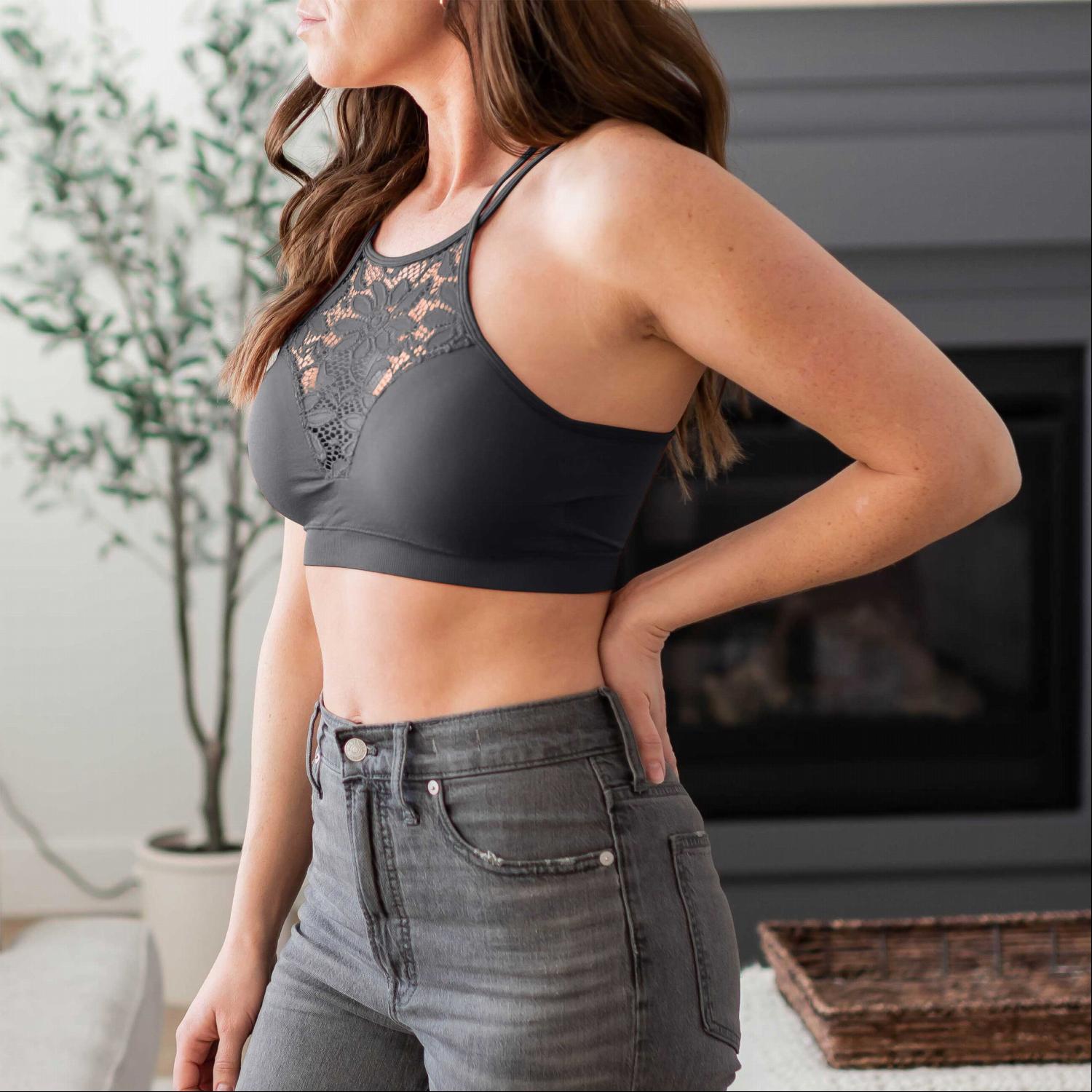 High Neck Lace Cutout Bralette with Bra Pads featuring floral embroidery and a sheer design, perfect for layering or wearing alone.