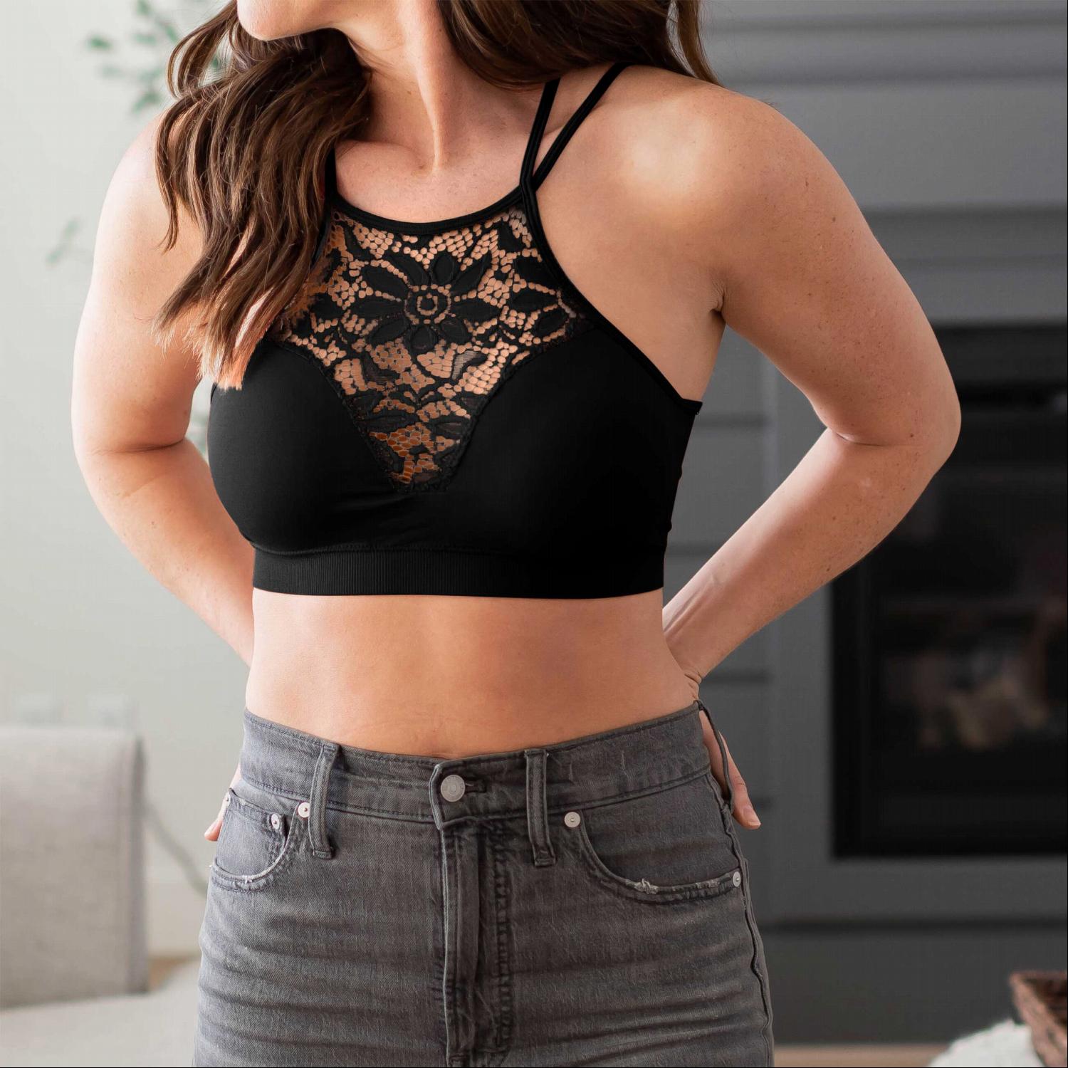 High Neck Lace Cutout Bralette with Bra Pads featuring floral embroidery and a sheer design, perfect for layering or wearing alone.