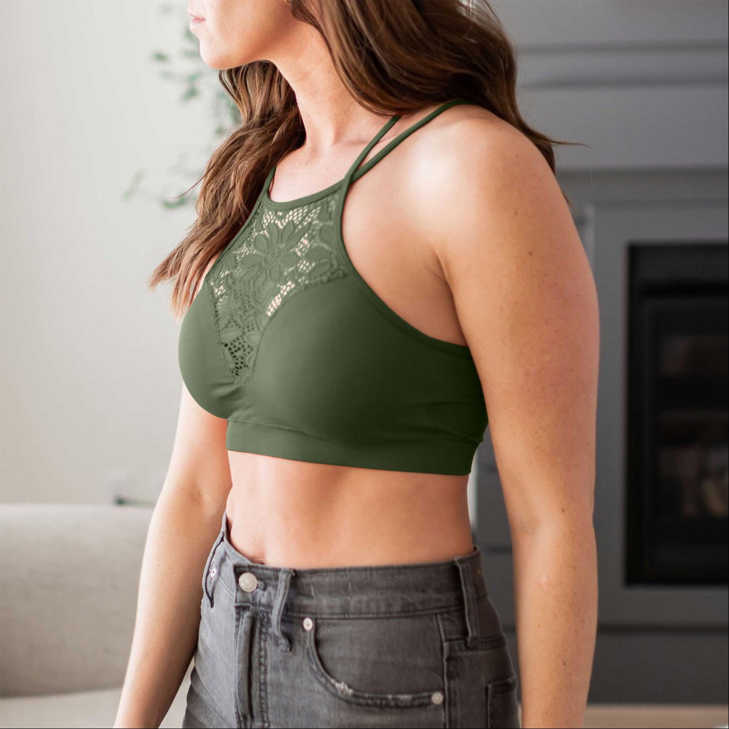 High Neck Lace Cutout Bralette with Bra Pads featuring floral embroidery and a sheer design, perfect for layering or wearing alone.