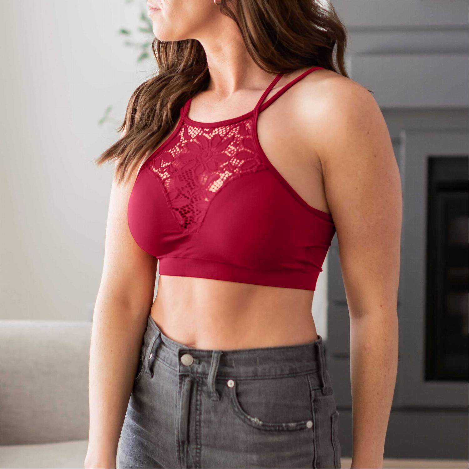 High Neck Lace Cutout Bralette with Bra Pads featuring floral embroidery and a sheer design, perfect for layering or wearing alone.