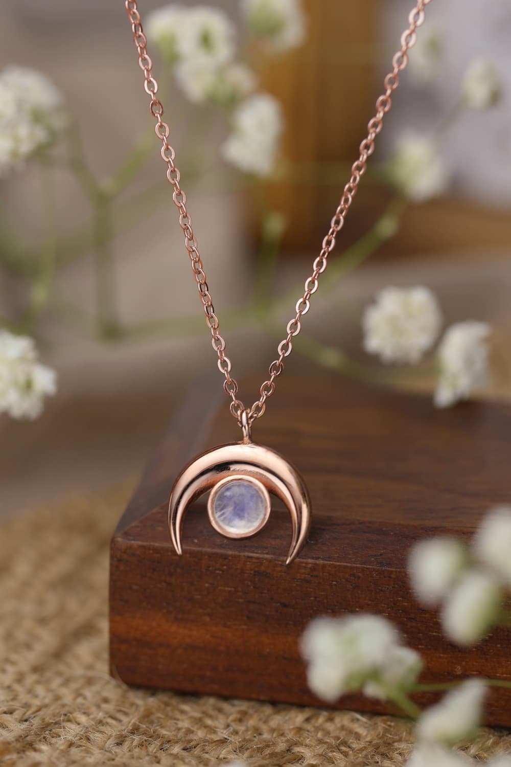 High Quality Natural Moonstone Moon Pendant in 925 Sterling Silver, showcasing its unique translucent white and blue-violet hues.
