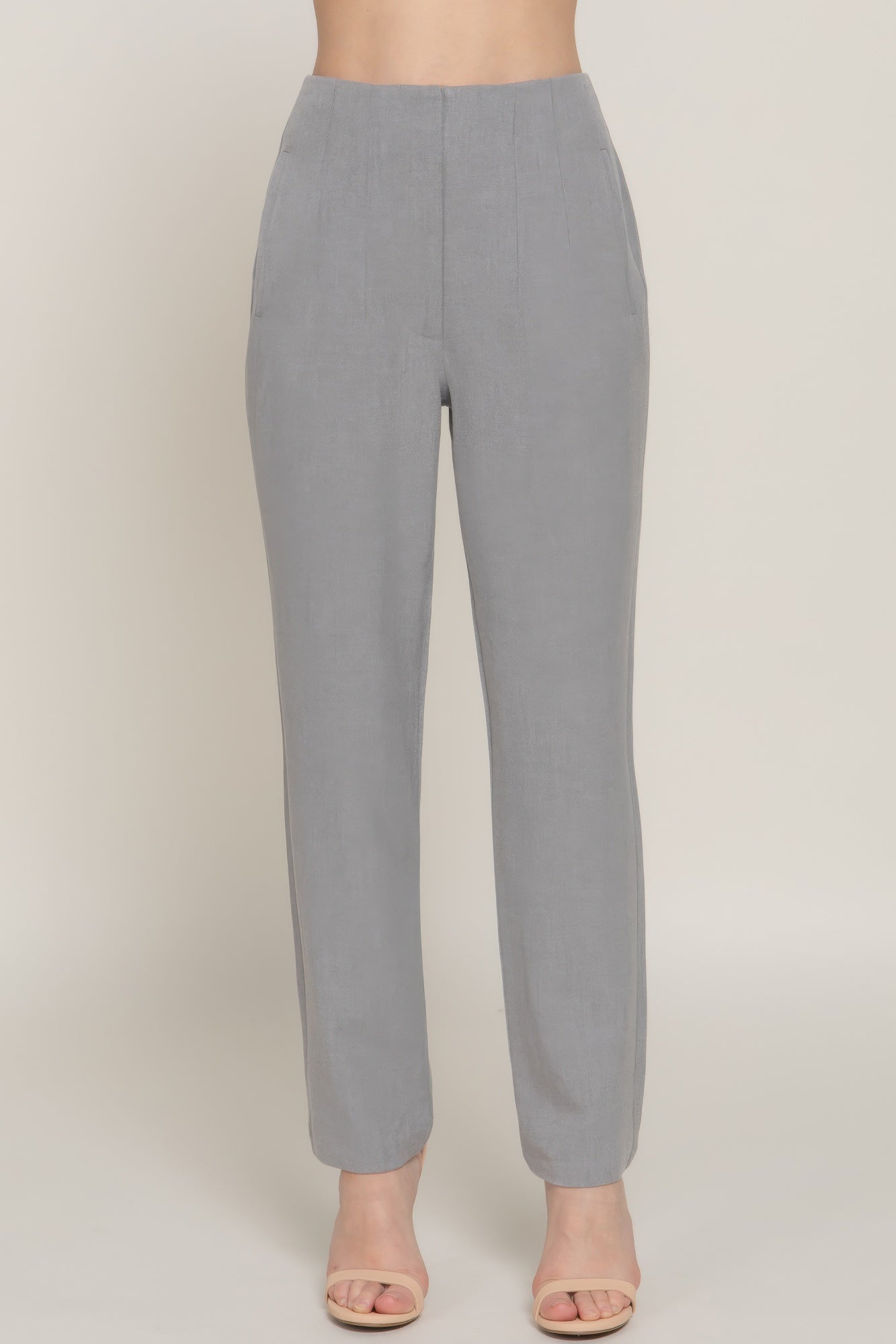 High Waist Pintuck Detail Long Pants in chic heather grey, showcasing elegant pintuck detailing and a sophisticated high waist design.