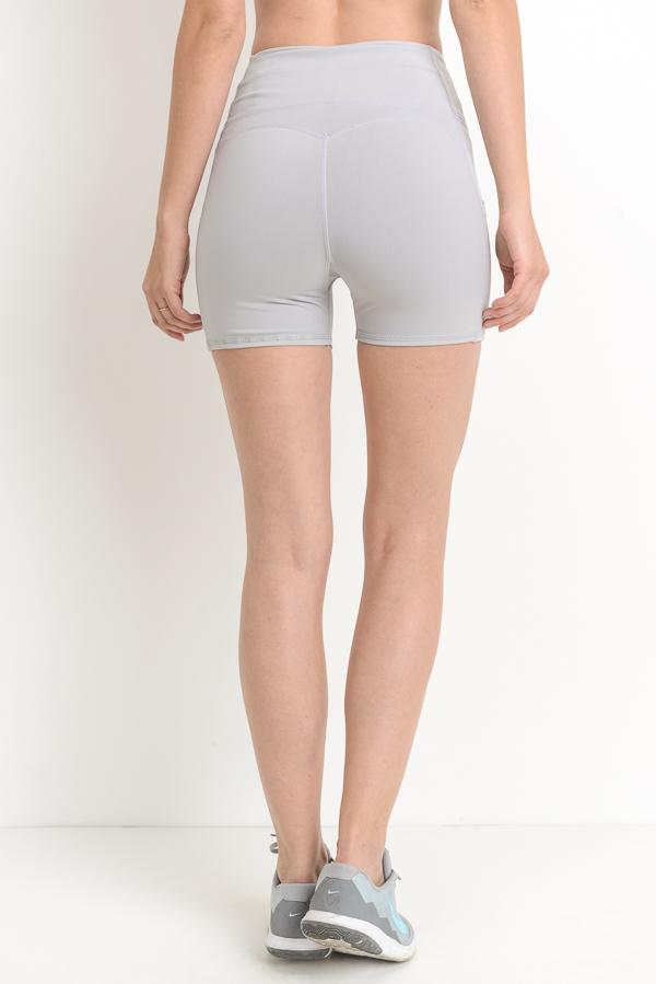 High Waist Shorts in Ice Gray featuring mesh pockets, designed for comfort and style.