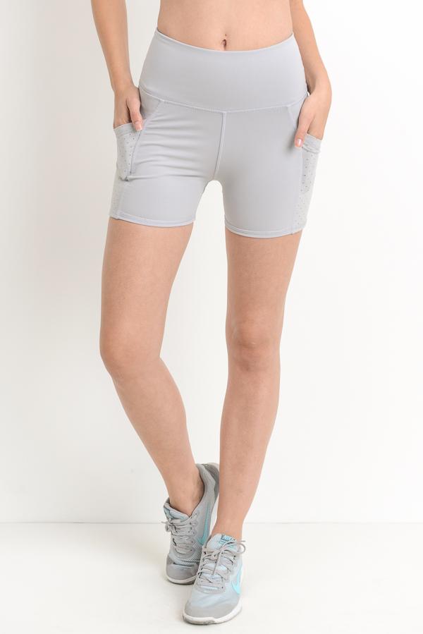 High Waist Shorts in Ice Gray featuring mesh pockets, designed for comfort and style.
