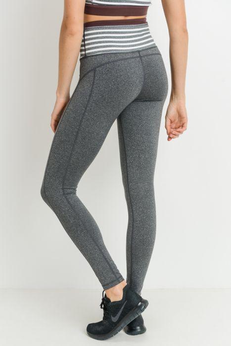 Highwaist Heather Grey Stripes & Colorblock Full Leggings featuring a wide waistband and front pocket, designed for comfort and style.