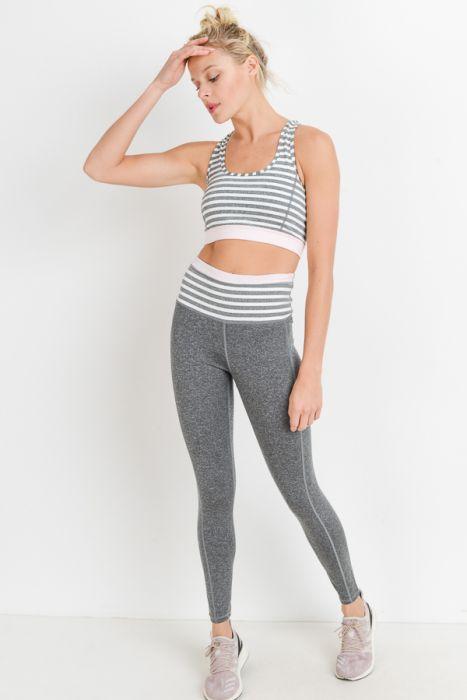 Highwaist Heather Grey Stripes & Colorblock Full Leggings featuring a wide waistband and front pocket, designed for comfort and style.