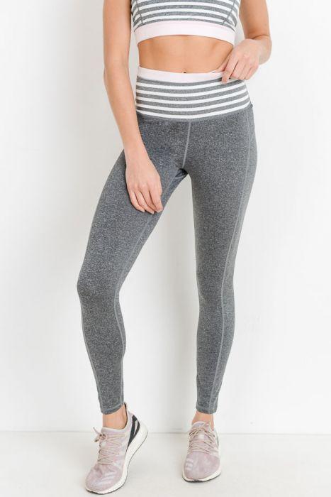 Highwaist Heather Grey Stripes & Colorblock Full Leggings featuring a wide waistband and front pocket, designed for comfort and style.