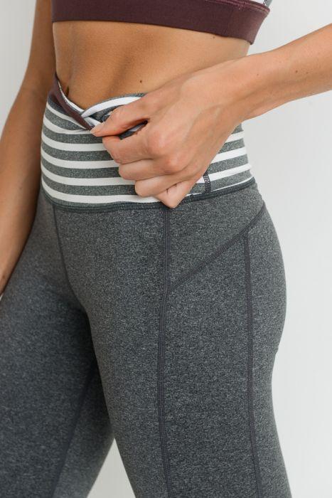 Highwaist Heather Grey Stripes & Colorblock Full Leggings featuring a wide waistband and front pocket, designed for comfort and style.