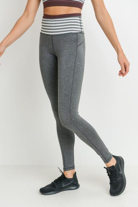 Highwaist Heather Grey Stripes & Colorblock Full Leggings featuring a wide waistband and front pocket, designed for comfort and style.