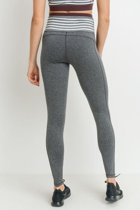 Highwaist Heather Grey Stripes & Colorblock Full Leggings featuring a wide waistband and front pocket, designed for comfort and style.