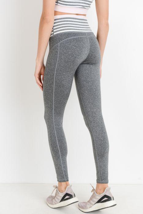 Highwaist Heather Grey Stripes & Colorblock Full Leggings featuring a wide waistband and front pocket, designed for comfort and style.