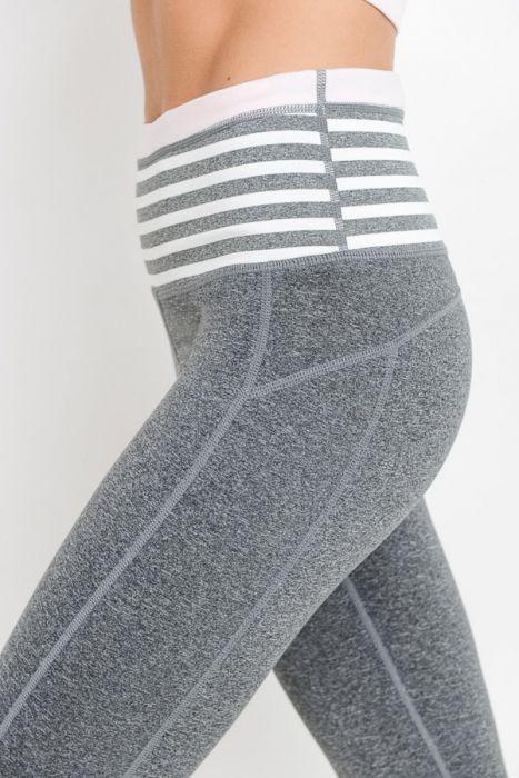 Highwaist Heather Grey Stripes & Colorblock Full Leggings featuring a wide waistband and front pocket, designed for comfort and style.