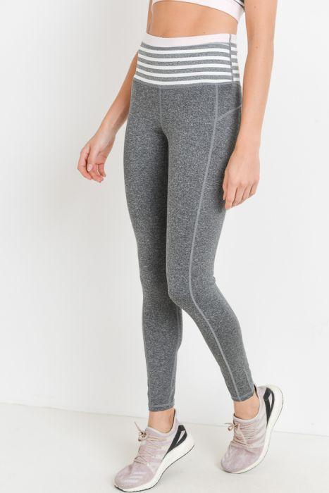 Highwaist Heather Grey Stripes & Colorblock Full Leggings featuring a wide waistband and front pocket, designed for comfort and style.