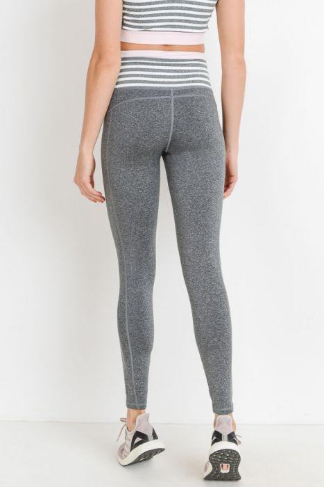 Highwaist Heather Grey Stripes & Colorblock Full Leggings featuring a wide waistband and front pocket, designed for comfort and style.