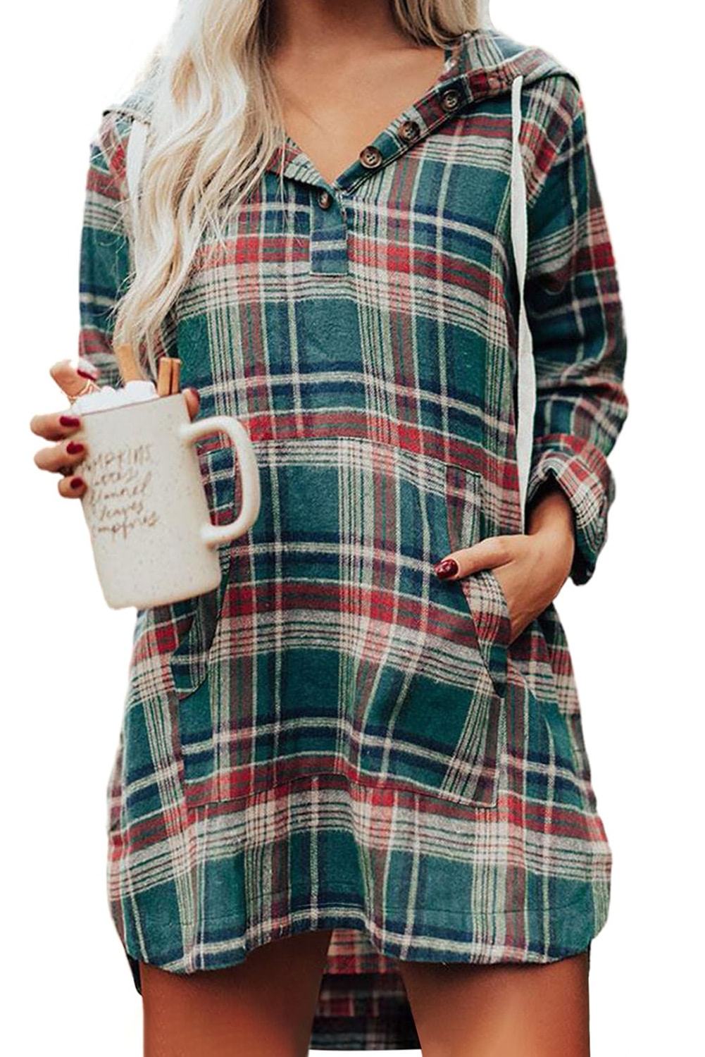 Hooded Button Placket Plaid Mini Dress featuring a high/low hem, in hunter green, red, navy, and white plaid with a drawstring hood.