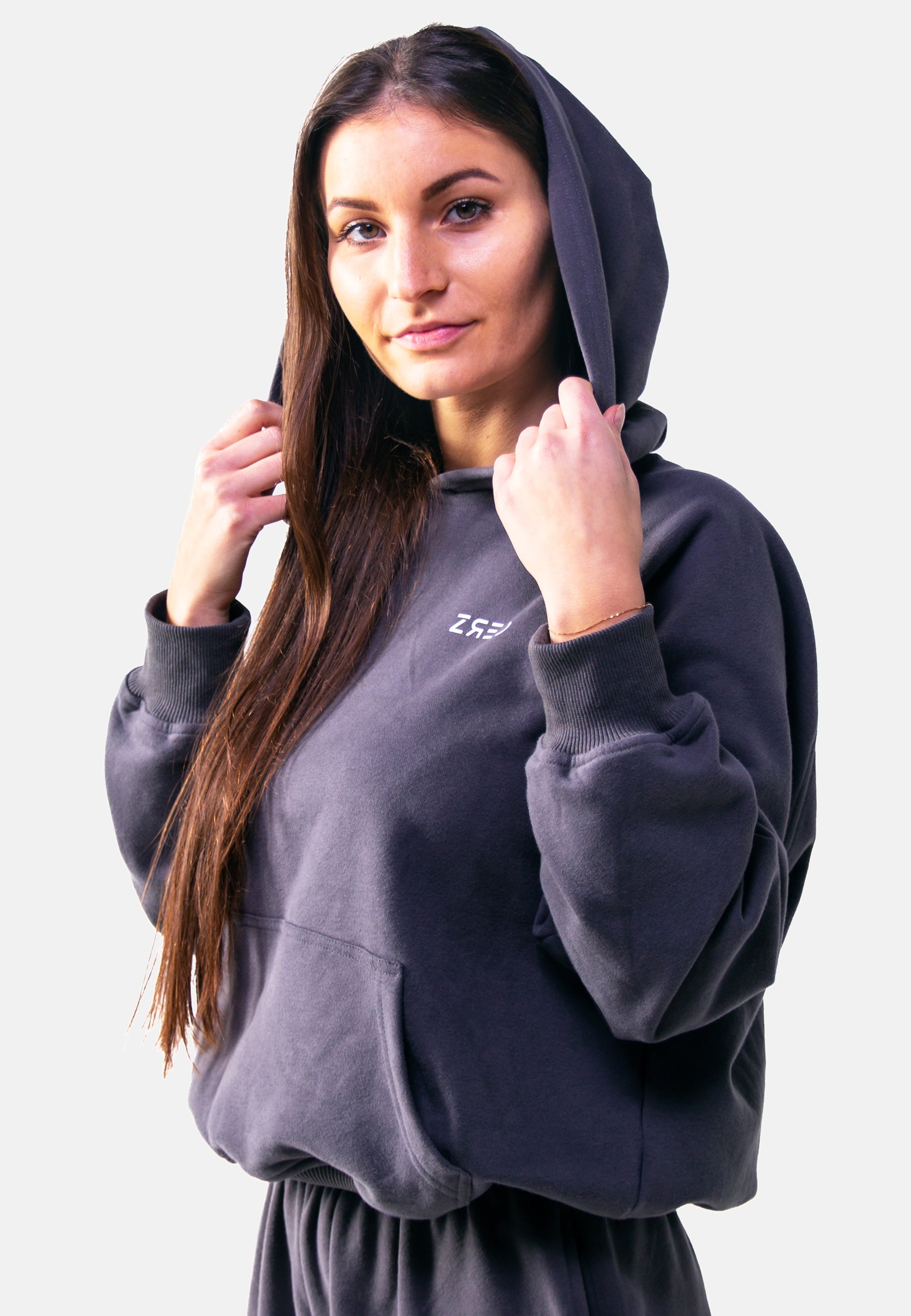 Dunkelgrauer Damen Hoodie Static mit gefütterter Bauchtasche und lockerer Passform, ideal für Alltag und Entspannung.