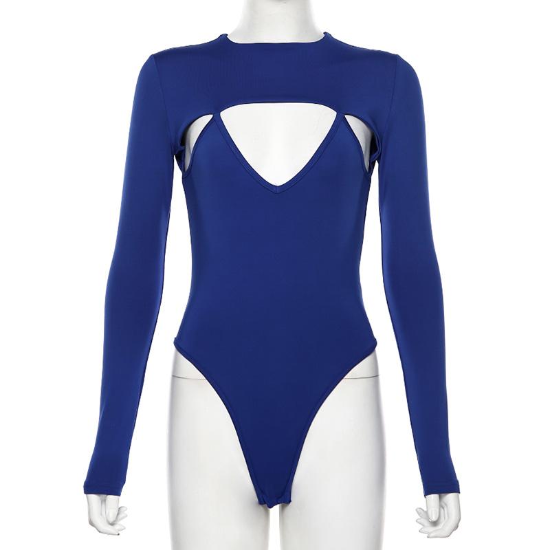 A stylish hollow out sexy bodysuit for women, featuring a bodycon fit and round collar, perfect for clubbing and special occasions.