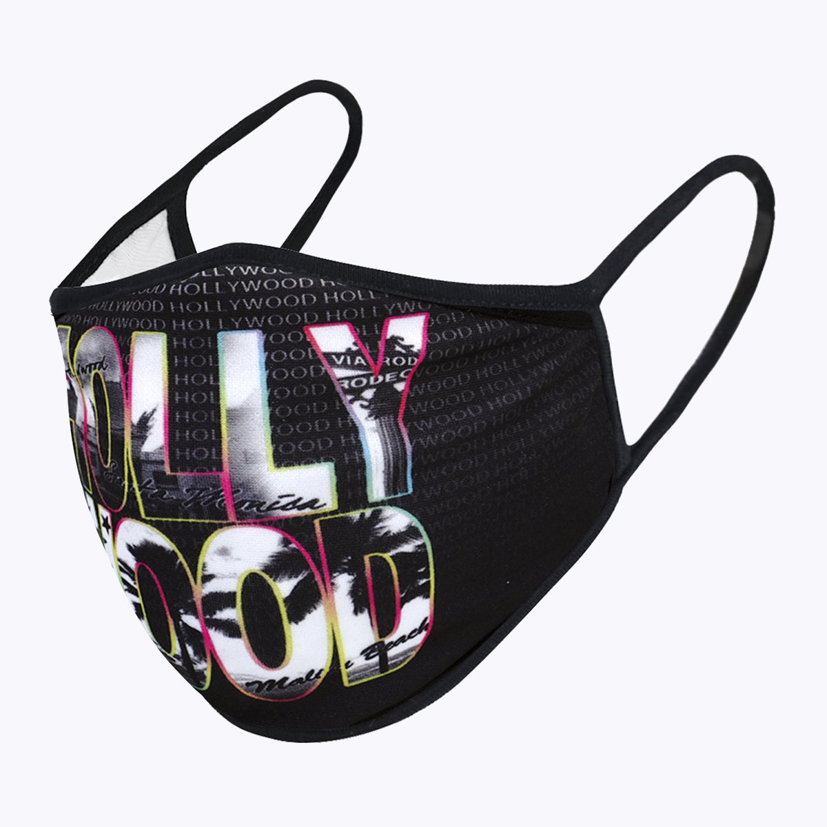 Hollywood Lettering 3-Layered Face Cover featuring a unique print design, made from polyester and cotton, suitable for unisex wear.