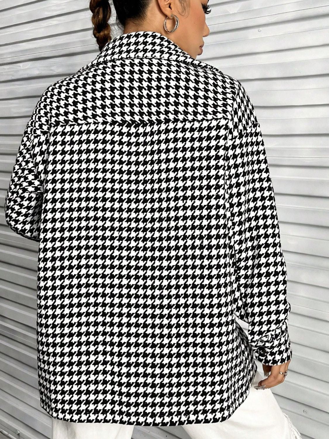 Houndstooth Button Down Long Sleeve Shacket featuring a classic pattern, button-down front, and long sleeves, made from a soft polyester and spandex blend.