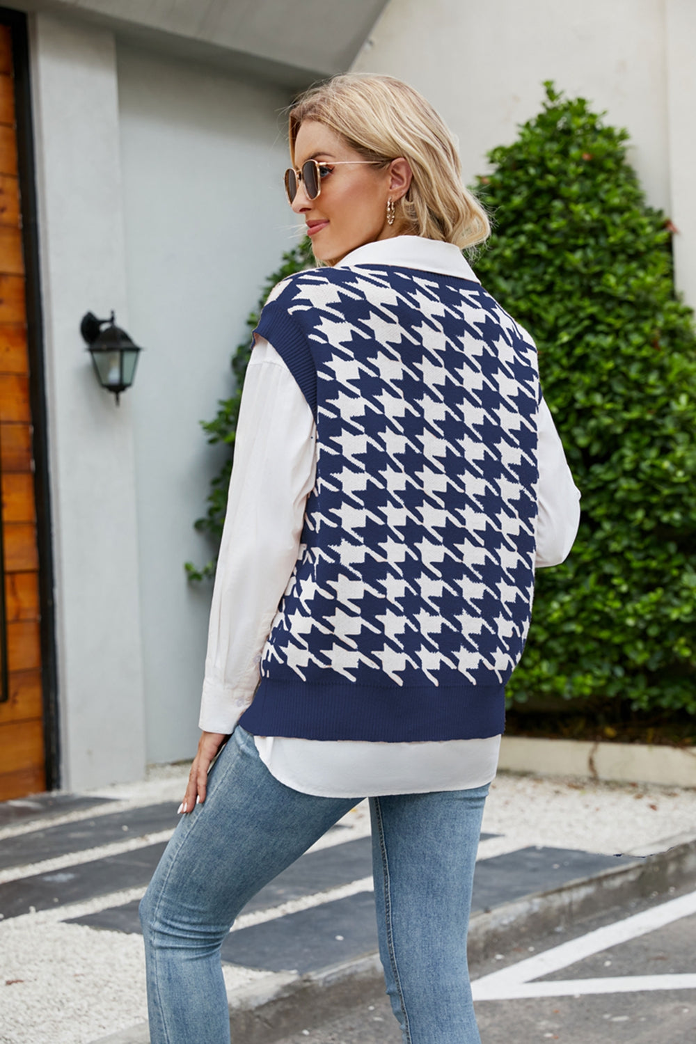 Houndstooth V-Neck Capped Sleeve Knit Vest in various colors, showcasing its stylish design and comfortable fit.