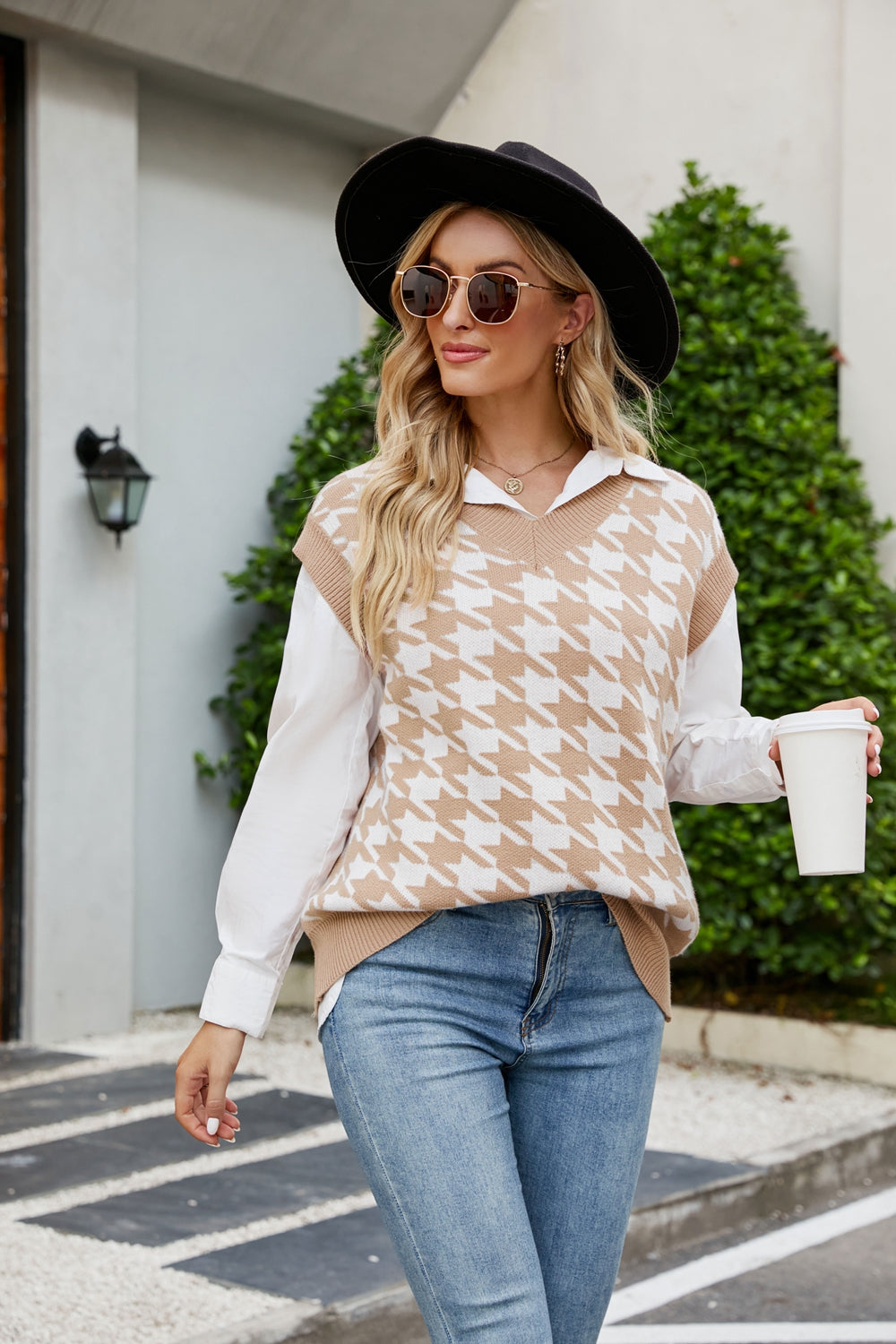 Houndstooth V-Neck Capped Sleeve Knit Vest in various colors, showcasing its stylish design and comfortable fit.