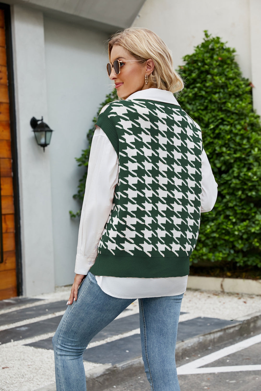 Houndstooth V-Neck Capped Sleeve Knit Vest in various colors, showcasing its stylish design and comfortable fit.