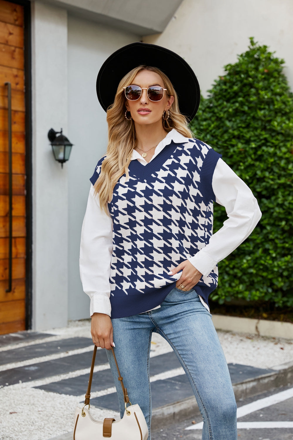 Houndstooth V-Neck Capped Sleeve Knit Vest in various colors, showcasing its stylish design and comfortable fit.