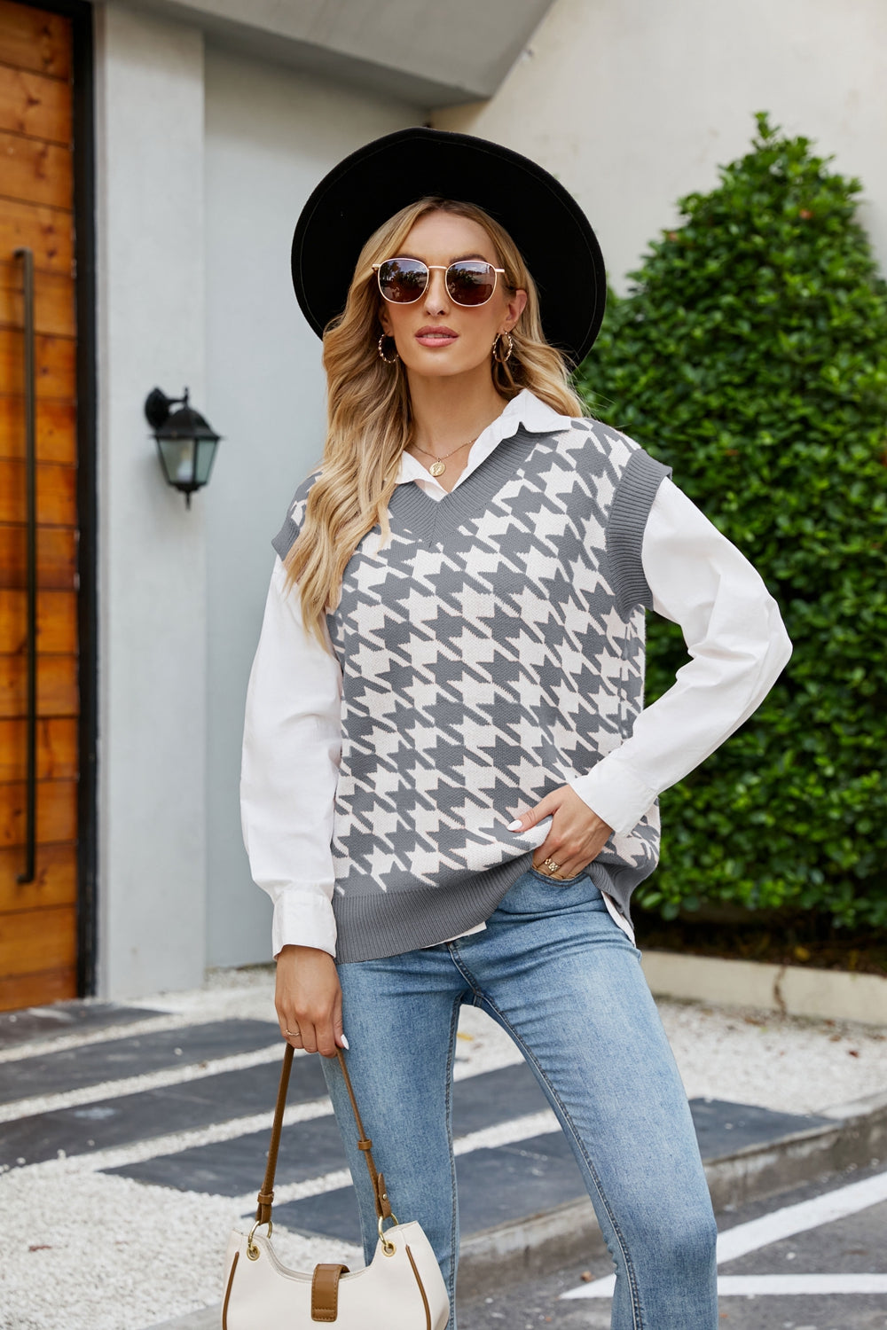 Houndstooth V-Neck Capped Sleeve Knit Vest in various colors, showcasing its stylish design and comfortable fit.