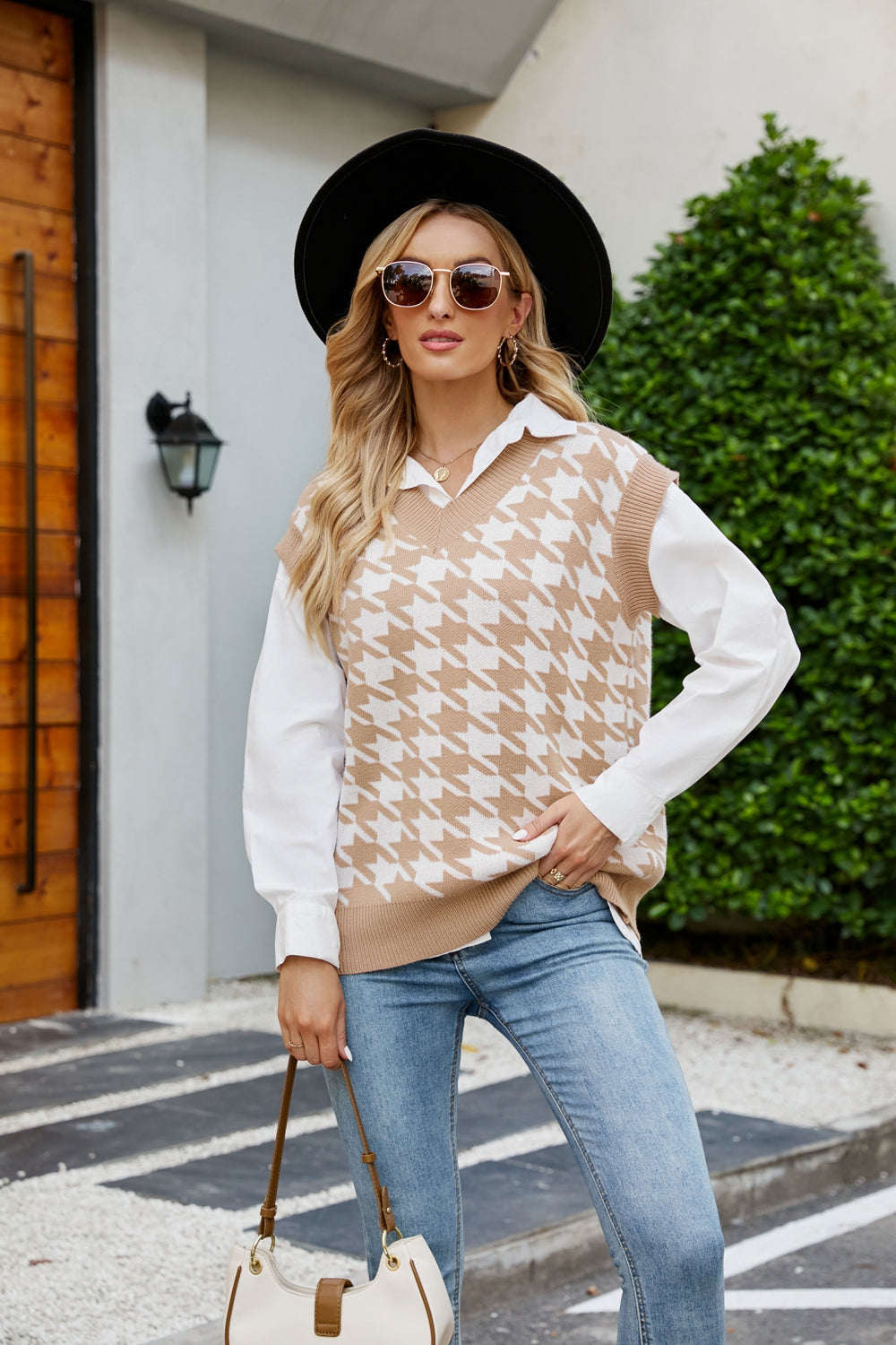 Houndstooth V-Neck Capped Sleeve Knit Vest in various colors, showcasing its stylish design and comfortable fit.