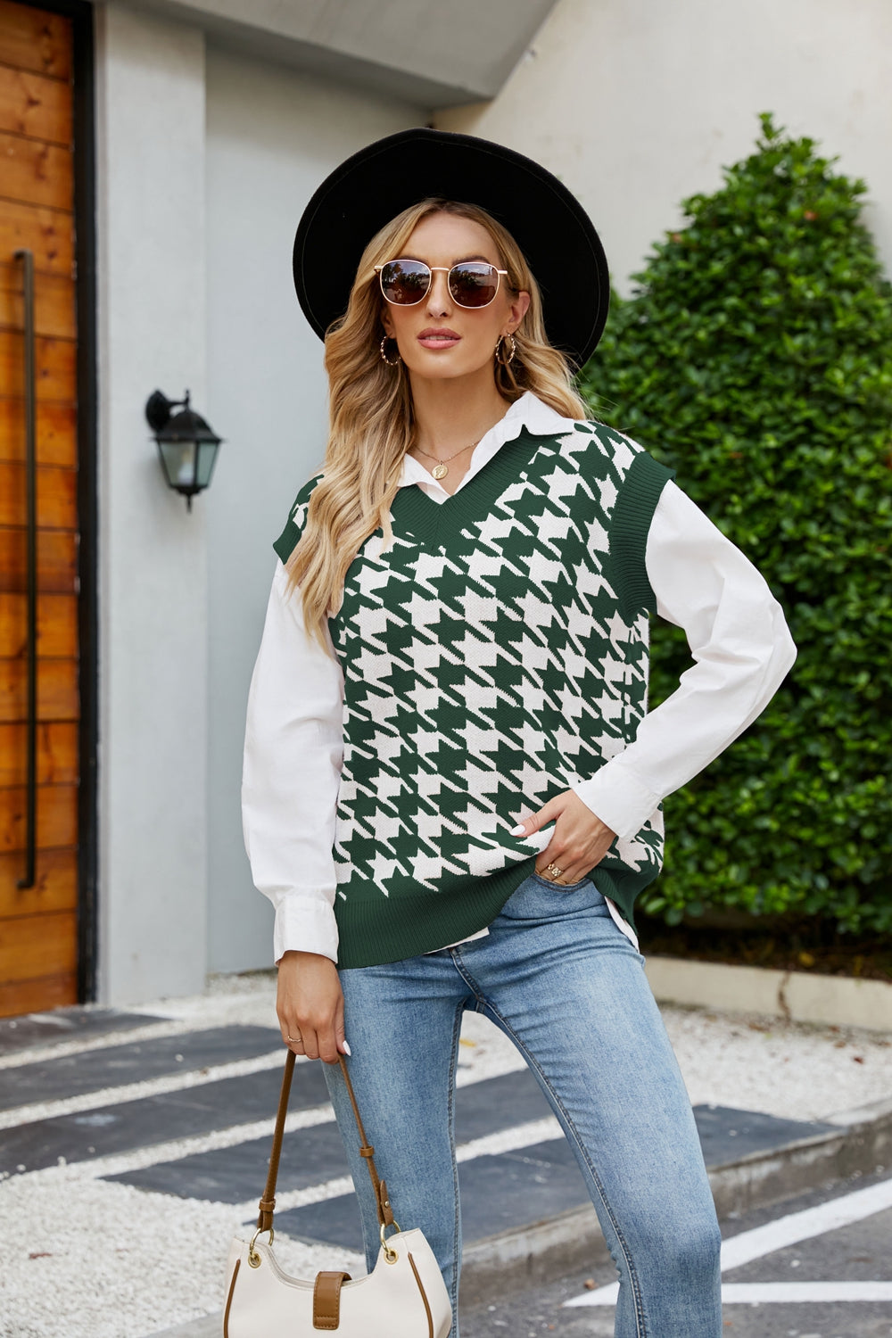 Houndstooth V-Neck Capped Sleeve Knit Vest in various colors, showcasing its stylish design and comfortable fit.