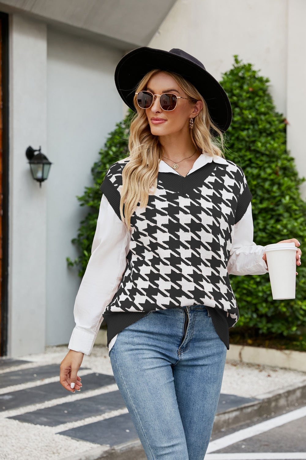 Houndstooth V-Neck Capped Sleeve Knit Vest in various colors, showcasing its stylish design and comfortable fit.