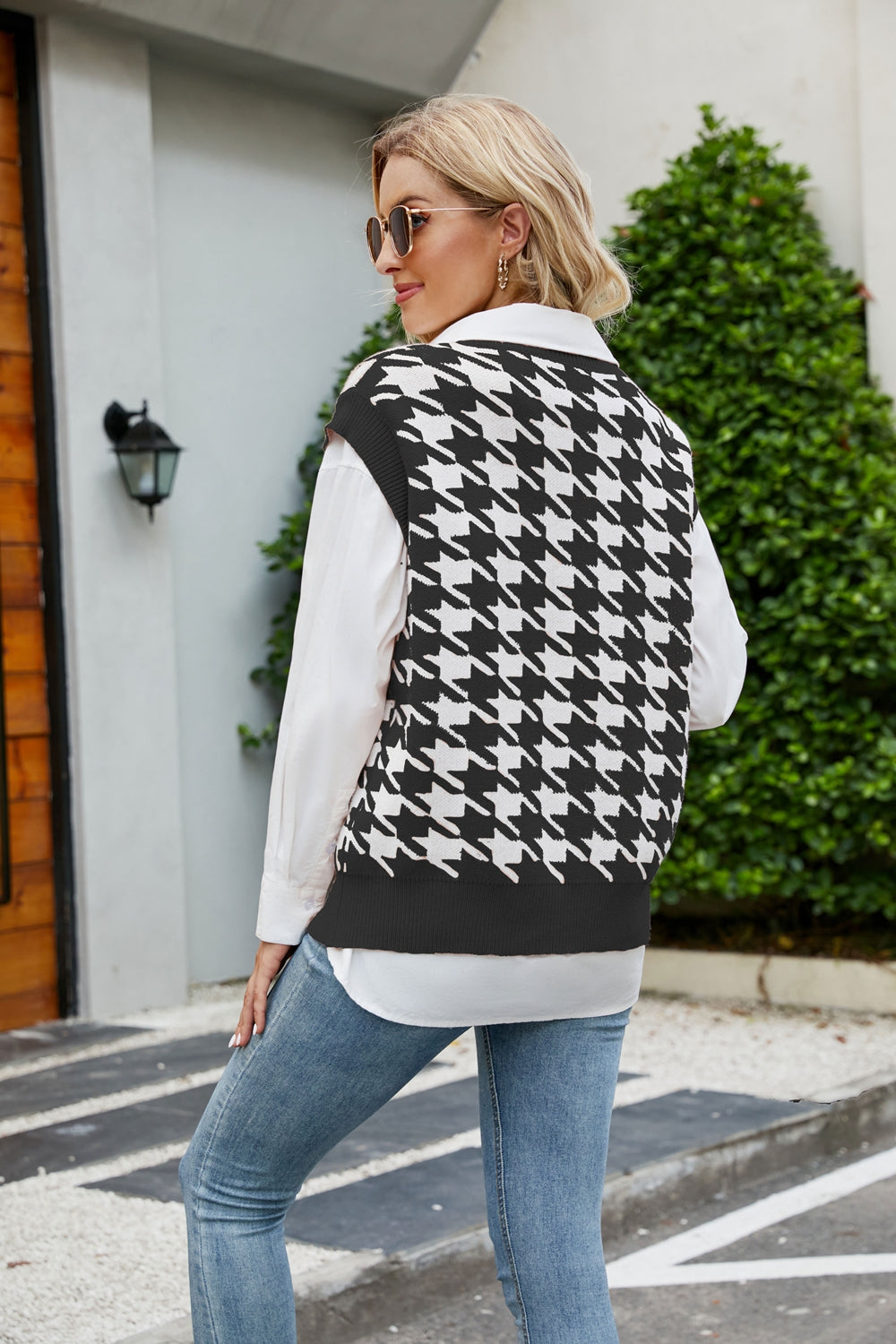 Houndstooth V-Neck Capped Sleeve Knit Vest in various colors, showcasing its stylish design and comfortable fit.