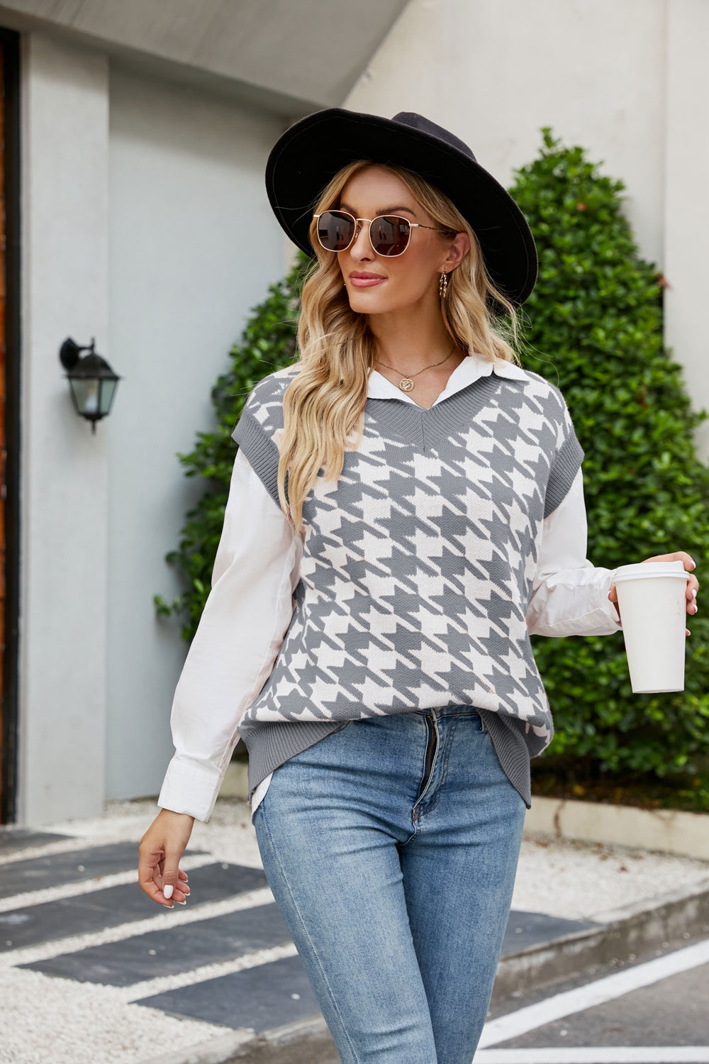 Houndstooth V-Neck Capped Sleeve Knit Vest in various colors, showcasing its stylish design and comfortable fit.