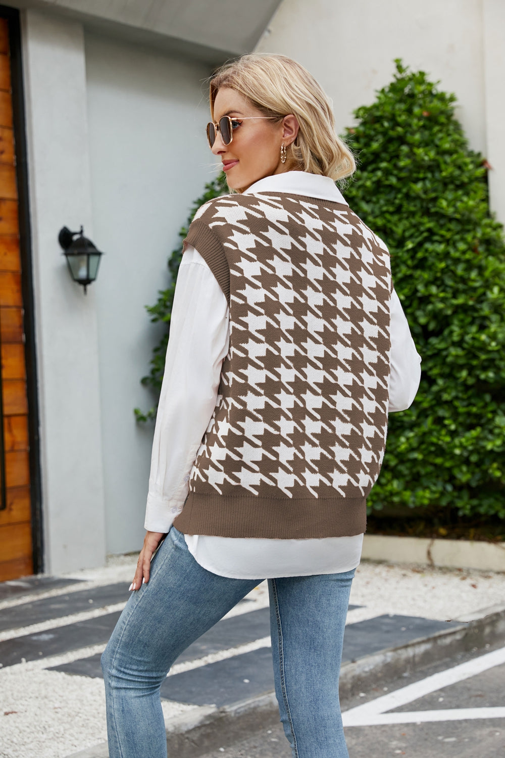 Houndstooth V-Neck Capped Sleeve Knit Vest in various colors, showcasing its stylish design and comfortable fit.