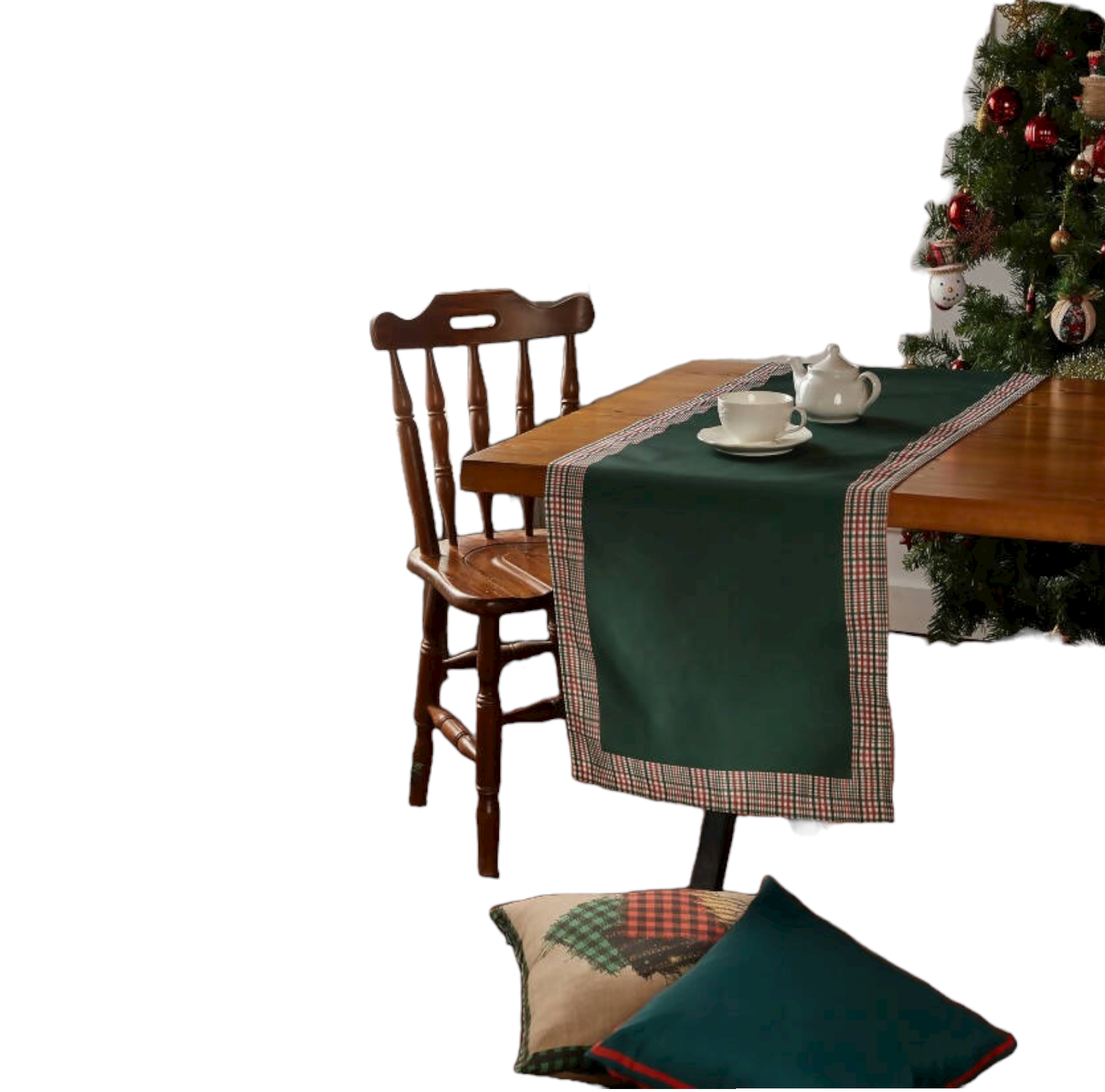 Hunter green and red plaid runner with a decorative border, perfect for holiday decor on tables or mantles.