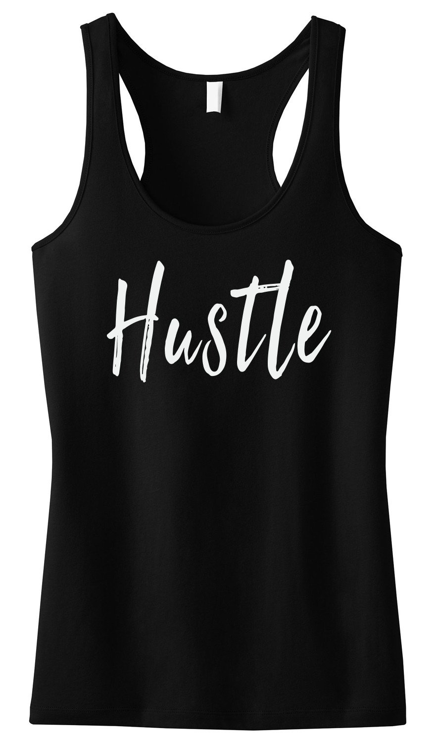 Black HUSTLE tank top featuring white motivational print, designed for comfort and style during workouts.
