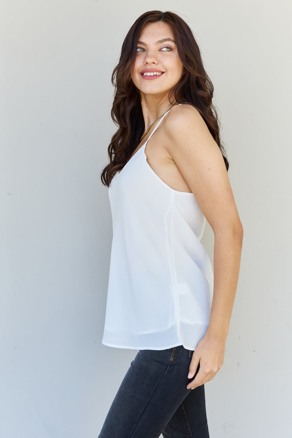 HYFVE Make Me Blush Sleeveless Chiffon Cami Top in soft chiffon fabric, featuring a scoop neckline and spaghetti straps, perfect for summer wear.