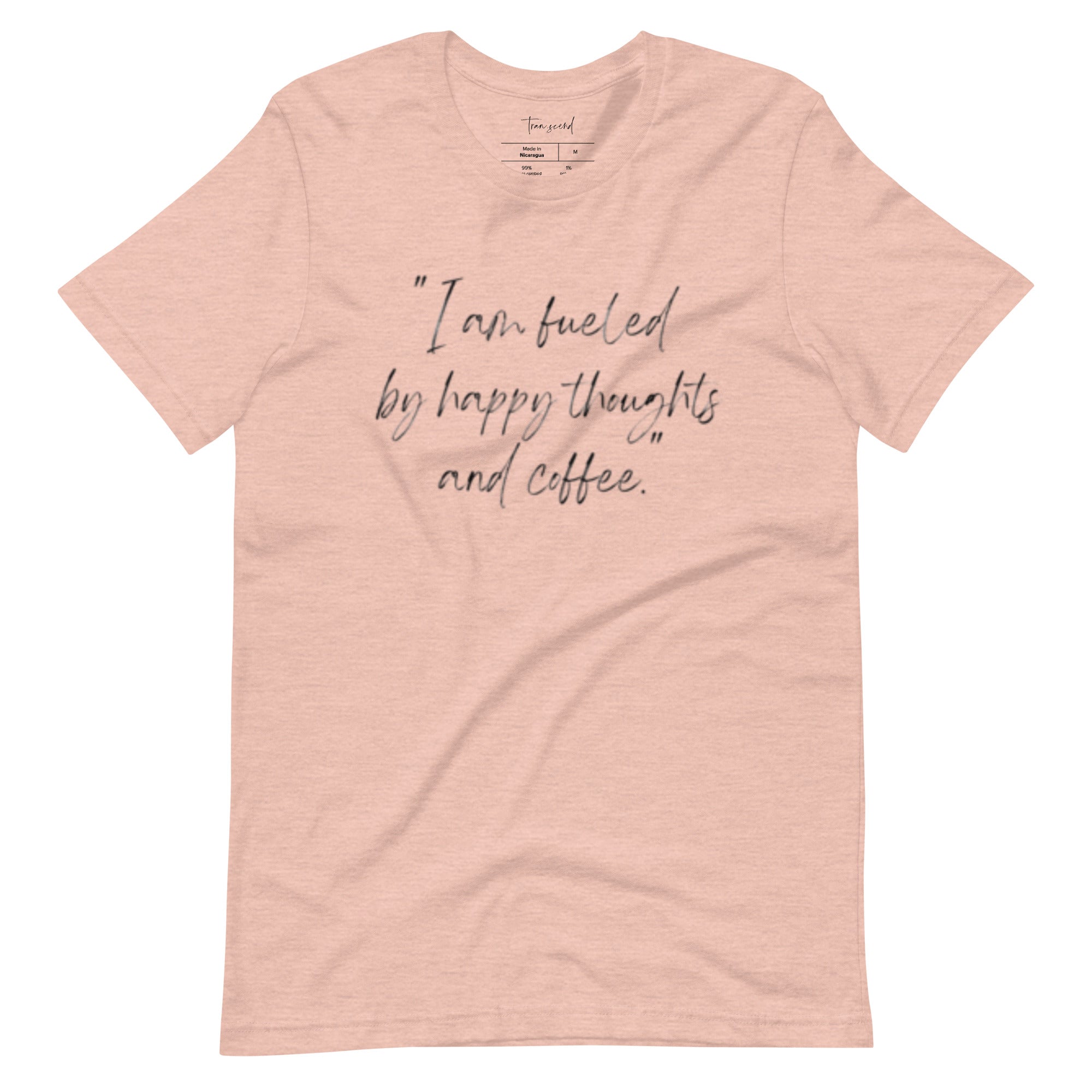 I Am Fueled by Happy Thoughts and Coffee Unisex Tee displayed in various colors, showcasing its soft cotton fabric and stylish design.