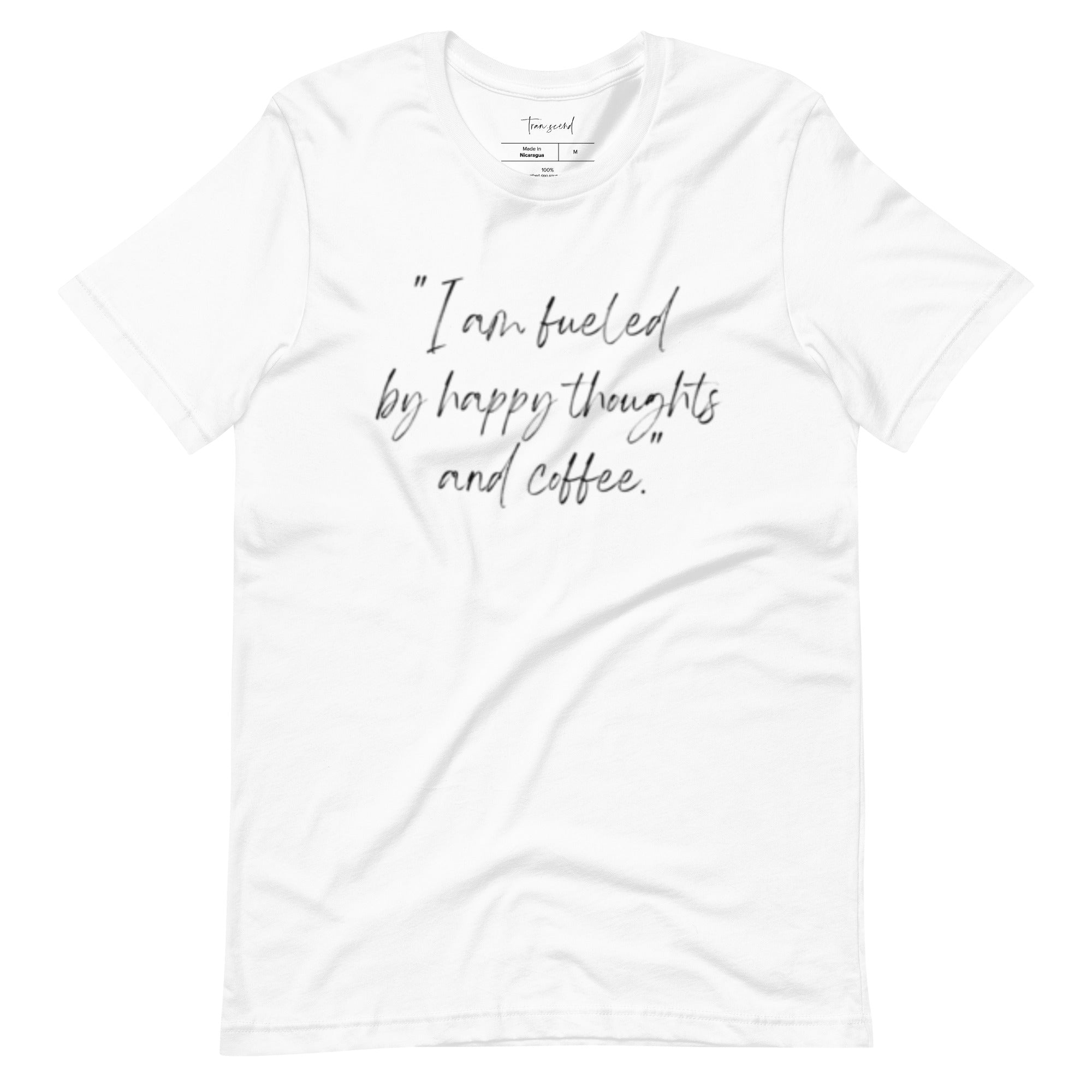 I Am Fueled by Happy Thoughts and Coffee Unisex Tee displayed in various colors, showcasing its soft cotton fabric and stylish design.