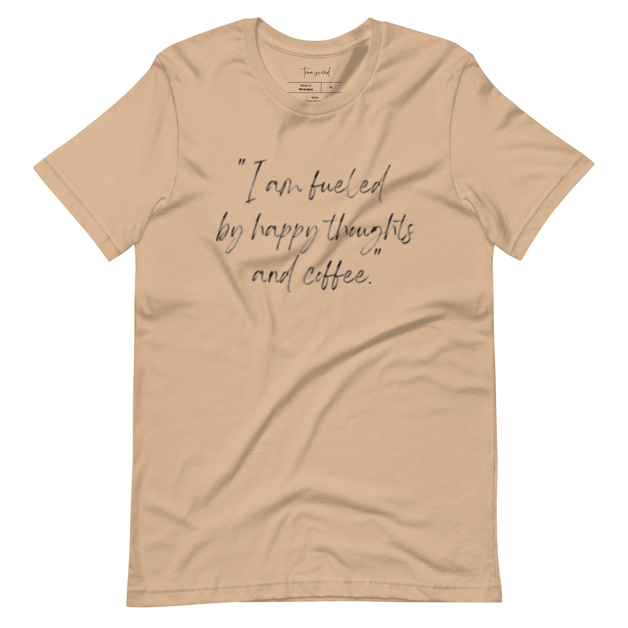 I Am Fueled by Happy Thoughts and Coffee Unisex Tee displayed in various colors, showcasing its soft cotton fabric and stylish design.