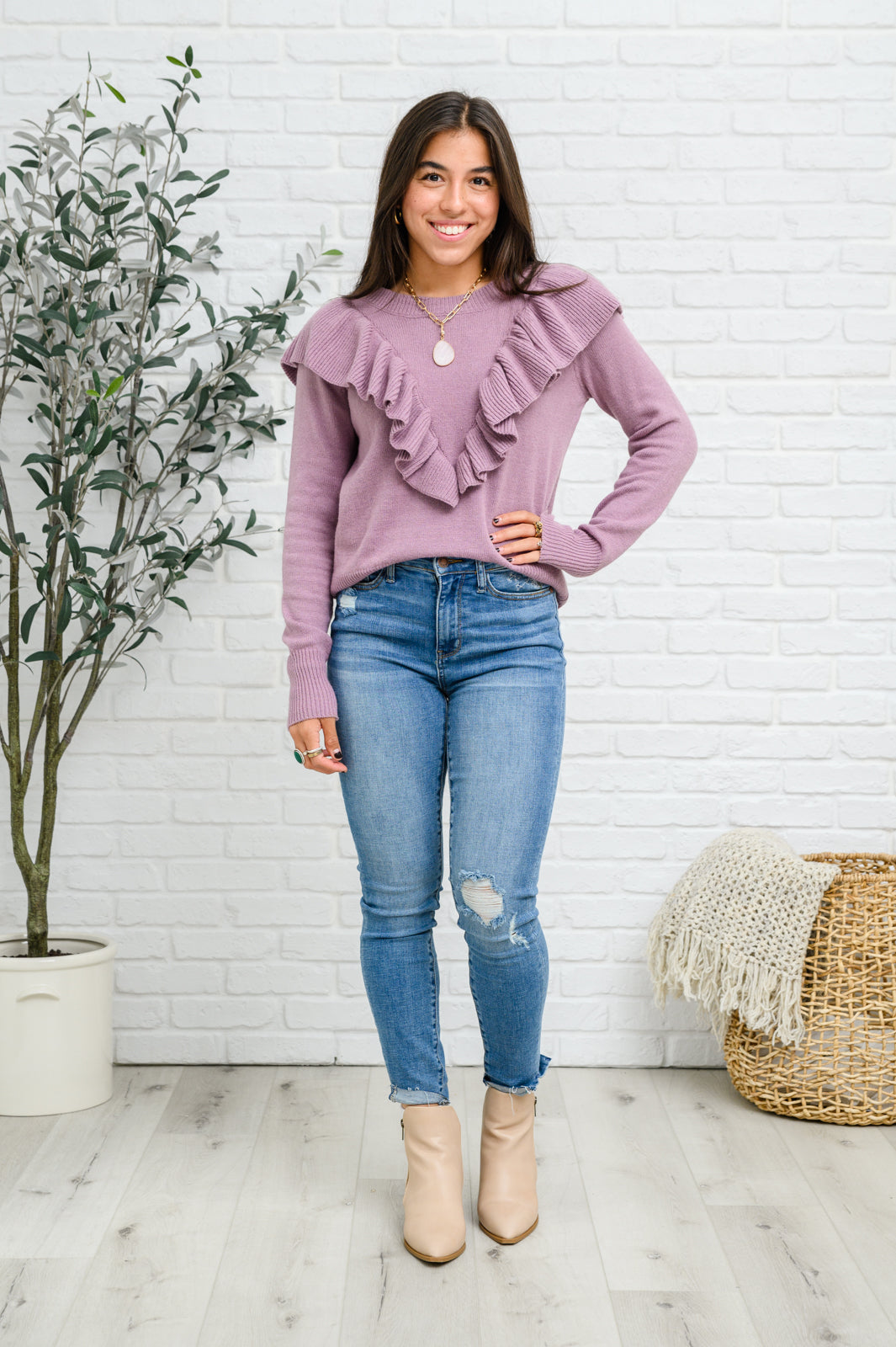 I Choose You Sweater in Purple featuring ruffle v-shaped detail and cuffed wrists, displayed on a model.