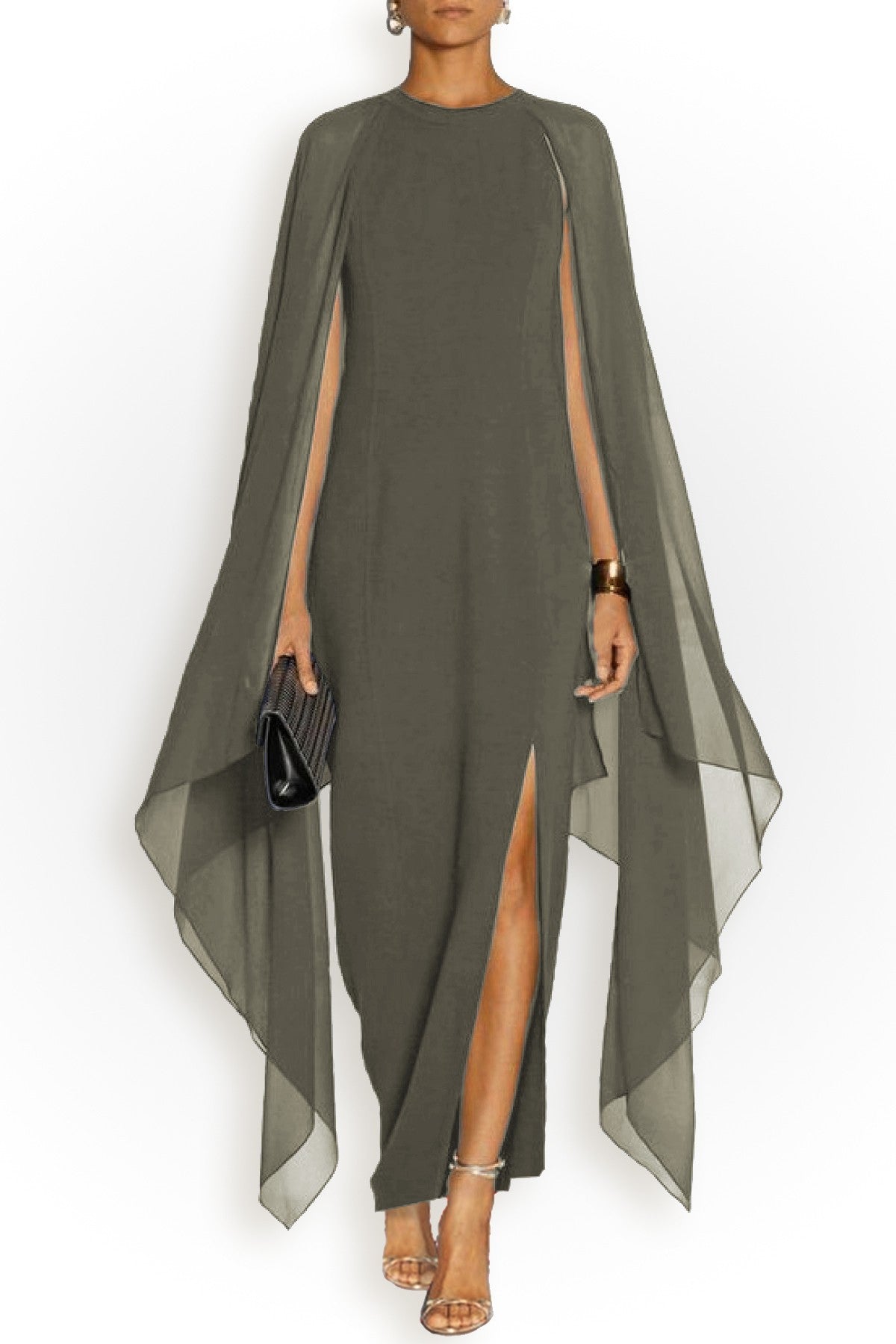 Ileana women's olive dress featuring a round collar, transparent side fabric, and stylish cutout.