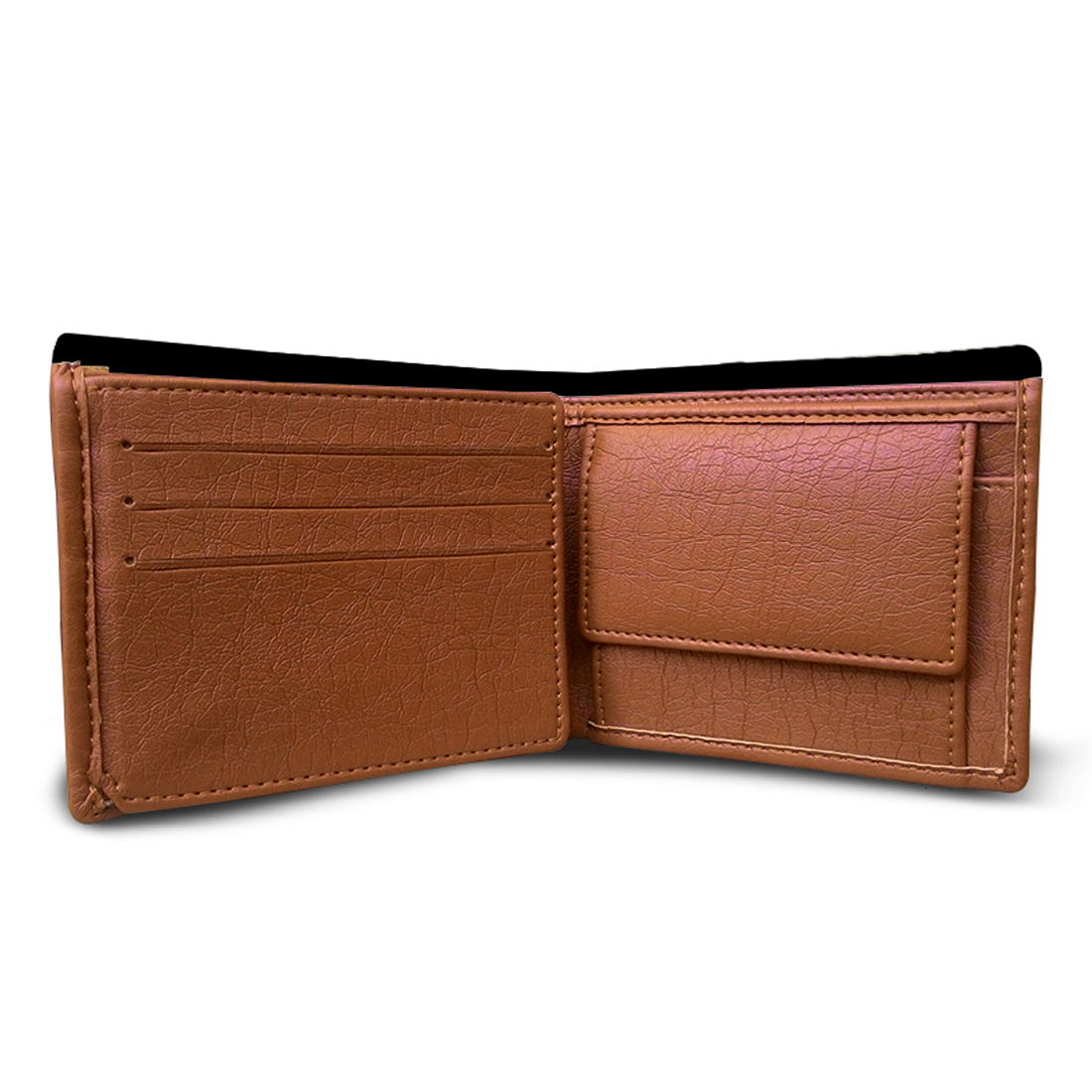 Open brown leather bifold wallet.