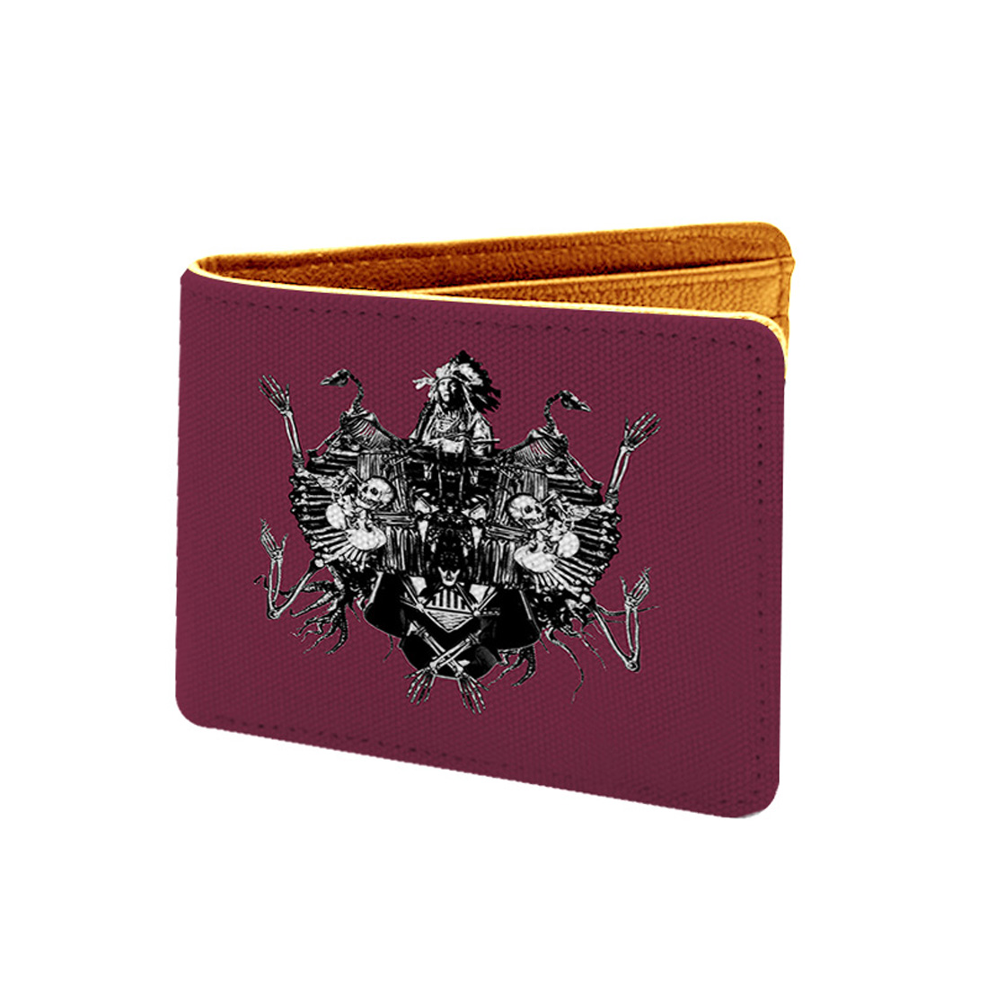 Maroon wallet with intricate design.
