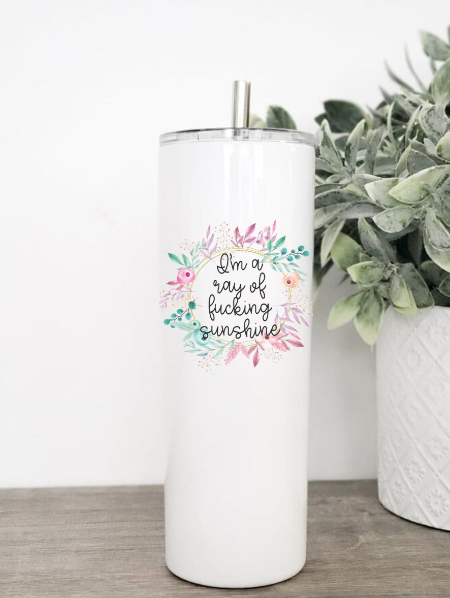 I'm A Ray of Fucking Sunshine tumbler with floral design, featuring a clear slider lid and stainless steel straw.