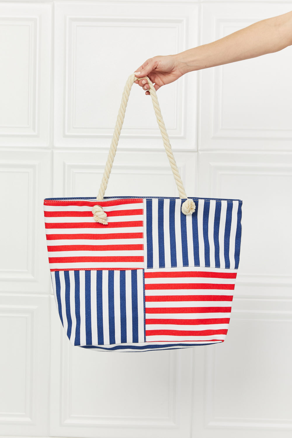 I'm All In Tote Bag featuring a striped pattern and sturdy rope handles, perfect for carrying daily essentials.