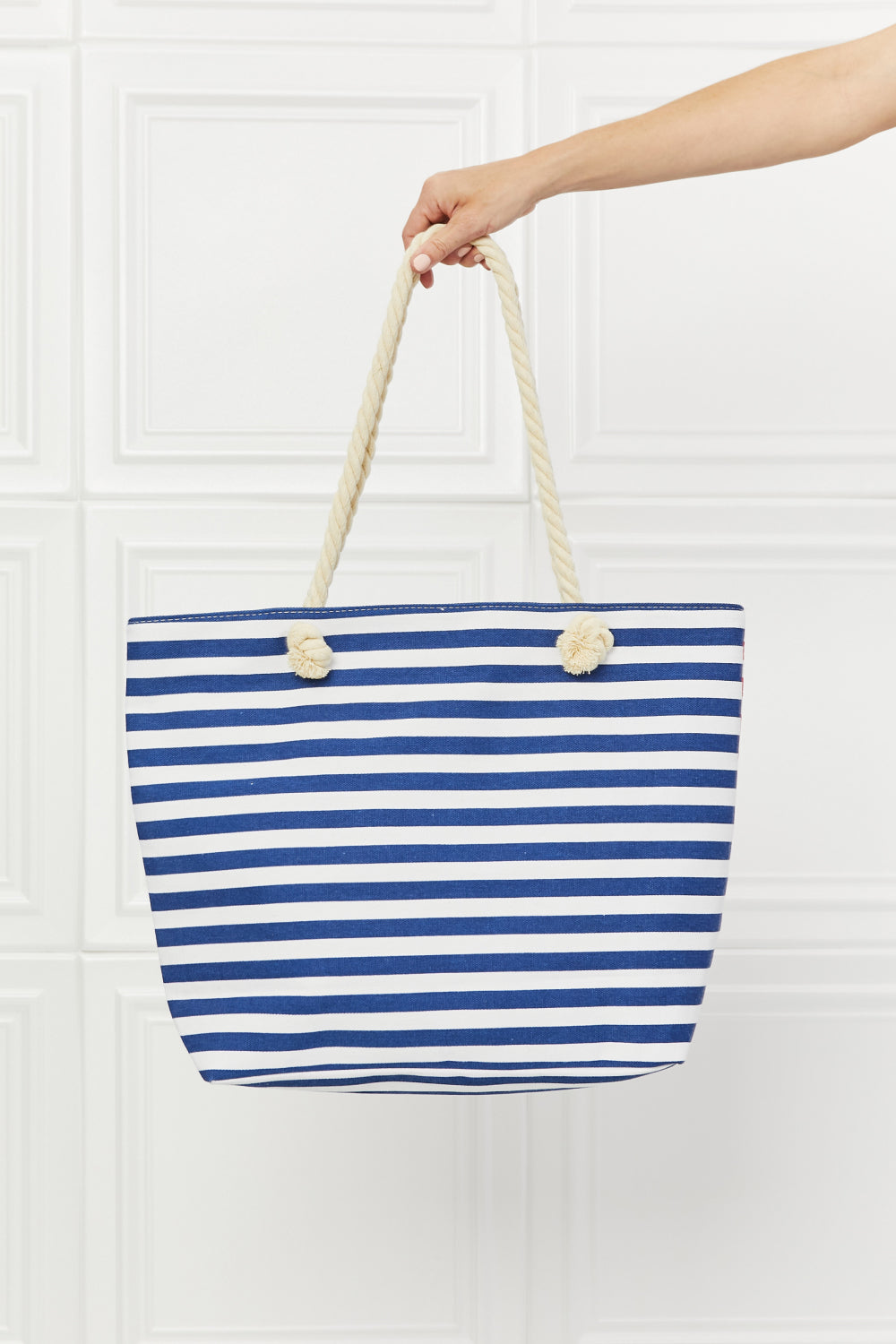 I'm All In Tote Bag featuring a striped pattern and sturdy rope handles, perfect for carrying daily essentials.