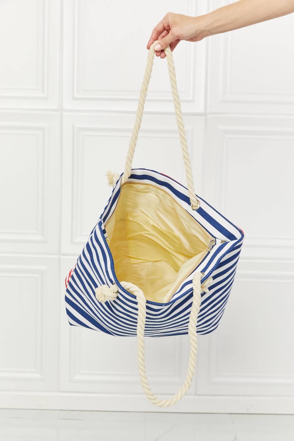 I'm All In Tote Bag featuring a striped pattern and sturdy rope handles, perfect for carrying daily essentials.