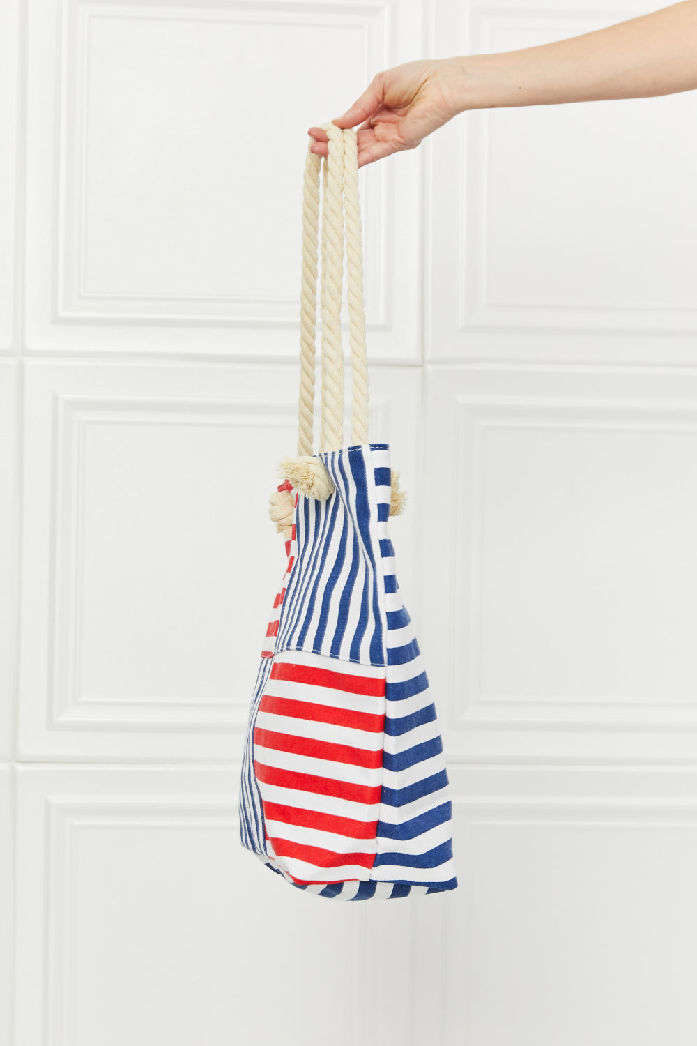 I'm All In Tote Bag featuring a striped pattern and sturdy rope handles, perfect for carrying daily essentials.