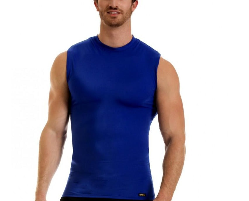 Insta Slim Activewear Basic Compression T-Shirt in black, sleeveless design with mock neck, showcasing its second-skin fit and soft fabric.